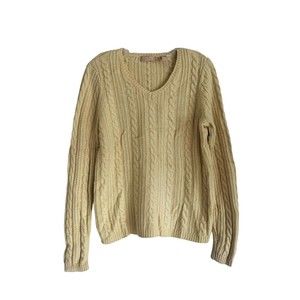 Kate Hill casual Yellow sweater v-neck cable knit size XL wool cashmere blend